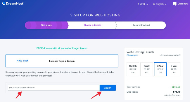 assign domain name dreamhost