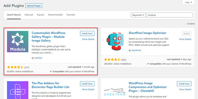 search and install modula plugin