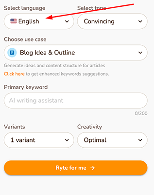 ai writer select language