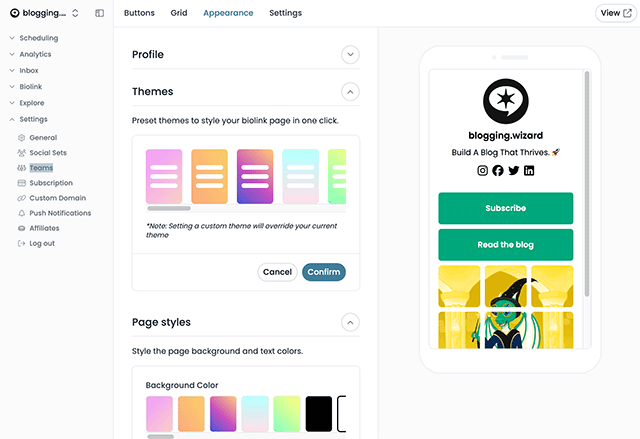 bio link page appearance settings