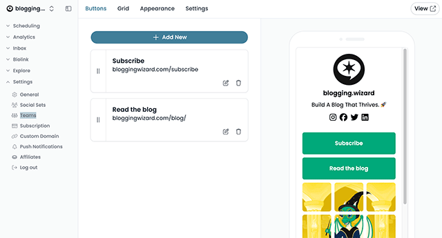 bio link page buttons