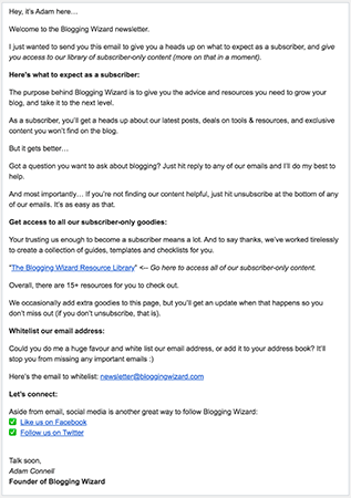 Blogging Wizard Welcome Email