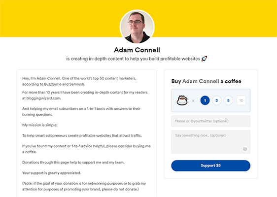 collect donations from your readers buy me a coffee