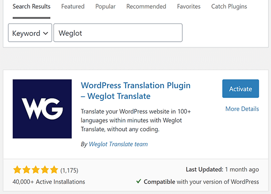 Install and activate weglot translation plugin