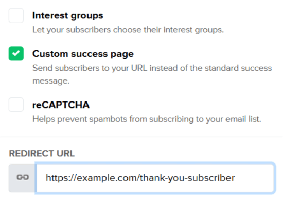mailerlite custom success page