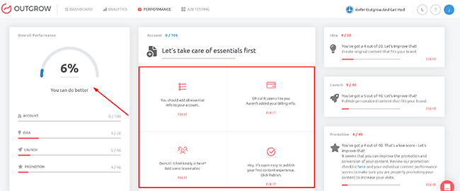 performance recommendations tab