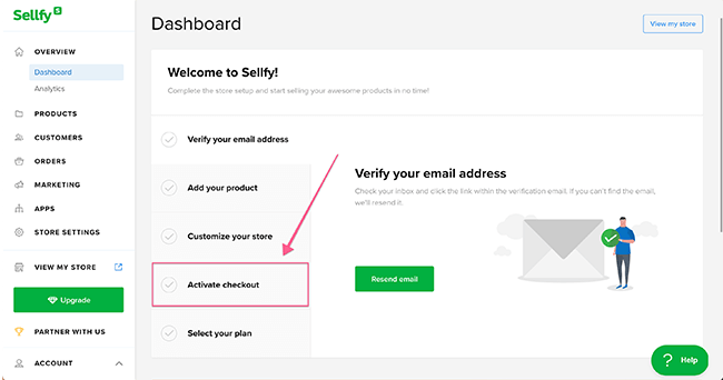 Sellfy dashboard Activate checkout