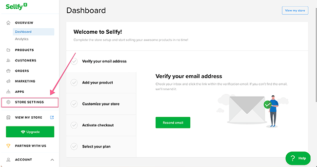 Sellfy dashboard store settings