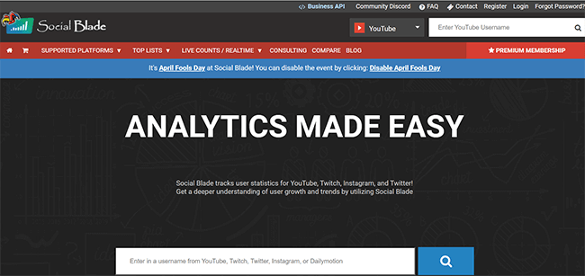 Social blade Homepage