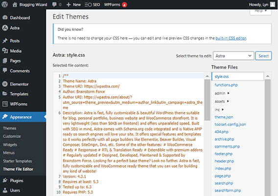 wordpress theme file editor