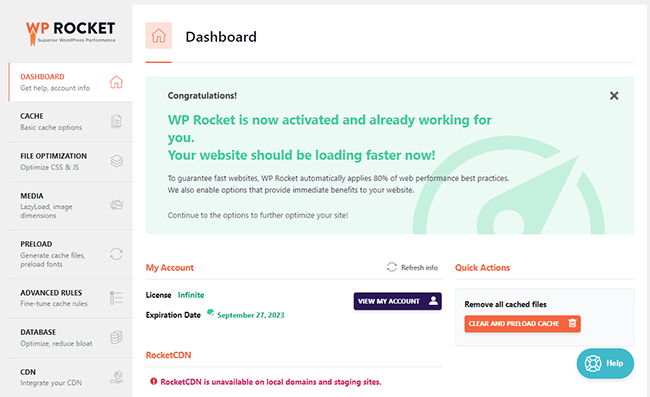 wp rocket dashboard
