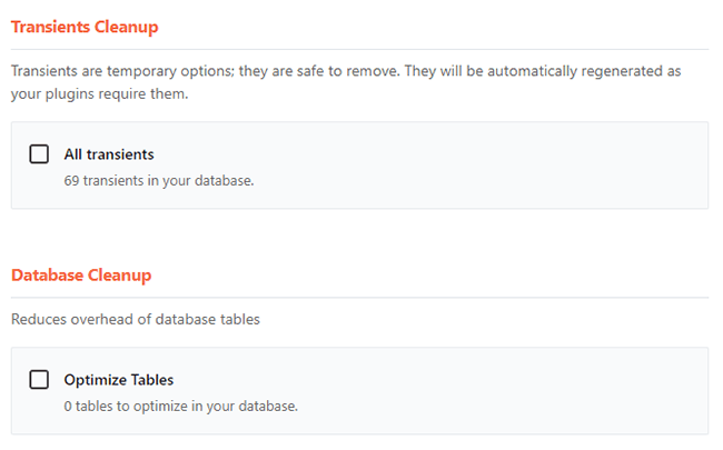 wp rocket database optimization tab 2